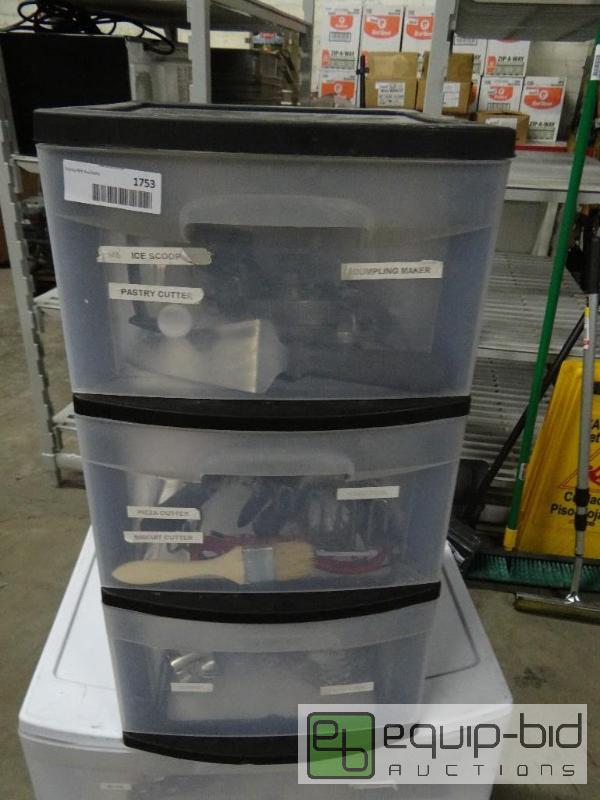 lot 1753 image: 3 drawer organizer with contents.  Burger pre...