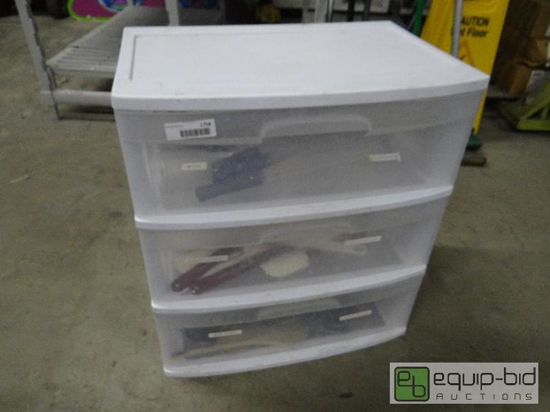 lot 1758 image: 3 drawer organizer with contents.  Wisks, spa...