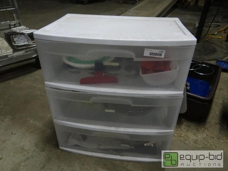 lot 1794 image: 3 drawer organizer with contents.  Pie pans, ...