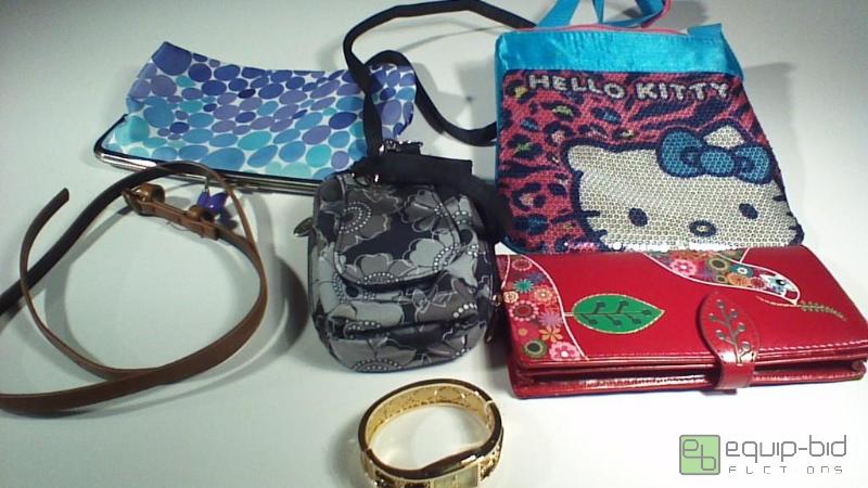 lot 8682 image: Handpurses, Belt and Watch     Shelf pulls....