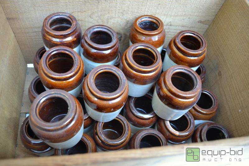 lot 5034 image: 27 Honey Pots &amp Wooden Crate  Each pot me...