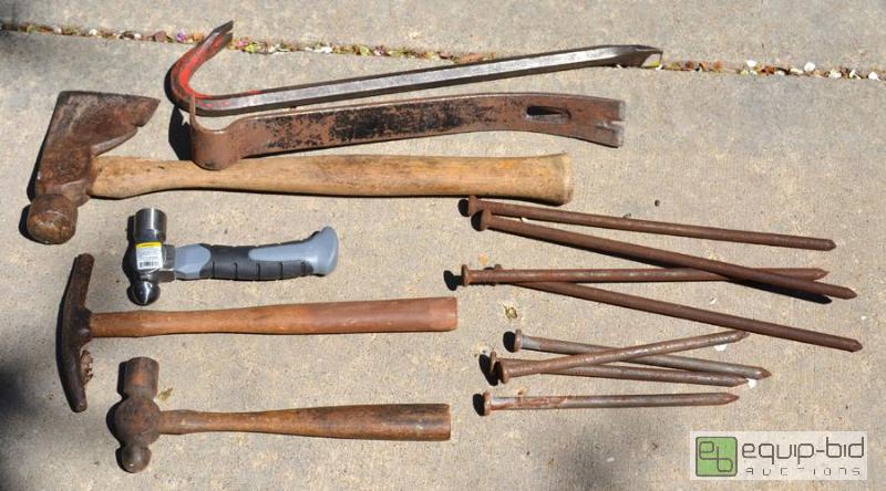 lot 5084 image: 3 Hammers, 1 Hatchet, 8 Metal Spikes and 2 Cr...