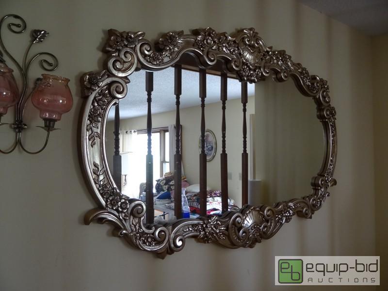 lot 2047 image: Large Golden Trim Mirror With Wall Sconce  Ap...