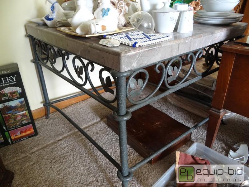 lot 2053 image: Marble Top Metal Frame Table  Contents Not In...