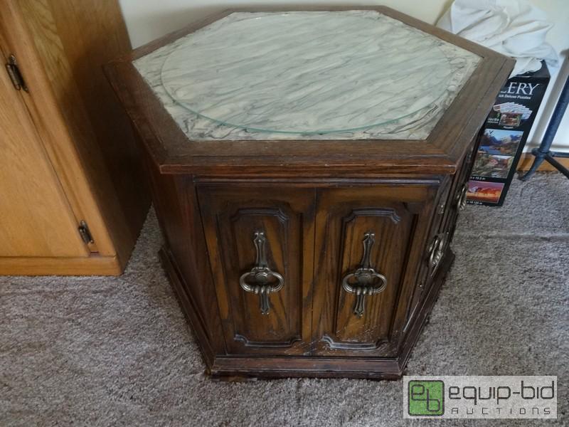 lot 2056 image: Hexagon Wooden Table With Glass Plate On Top...