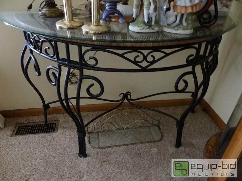 lot 2065 image: Glass Top Metal Frame Hall Way Table...