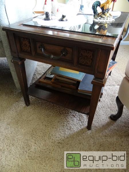 lot 2072 image: Wooden Frame Table Top With Glass Top  Conten...