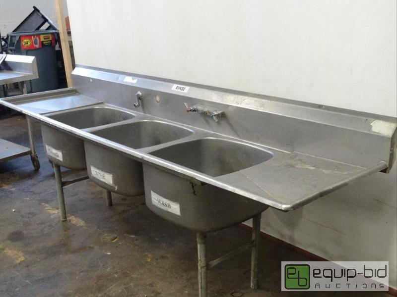 lot 2009 image: Stainless Three Bay Sink with Draining Shelf ...