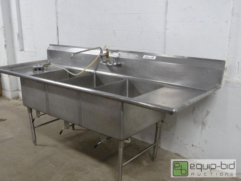 lot 2078 image: All Stainless Steel Three Bay Sink with Drain...