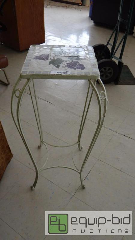 lot 300 image: ROD IRON PLANT STAND WITH TILE TOP,...