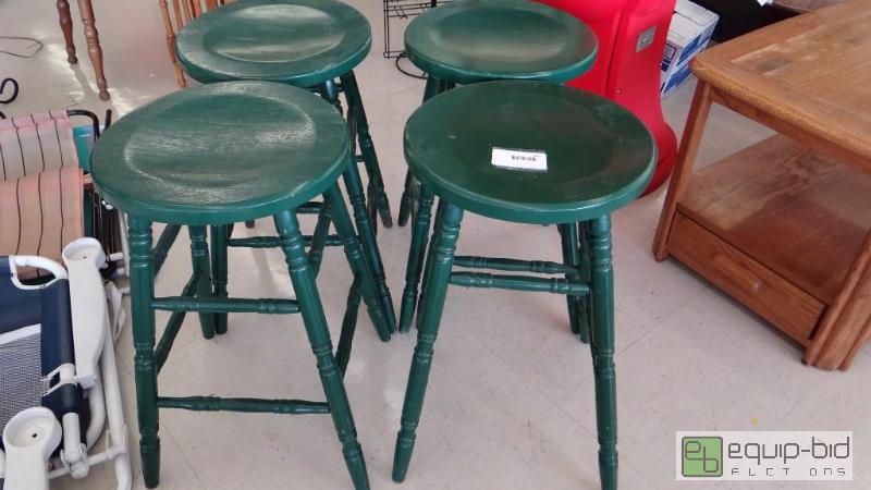 lot 307 image: 4 VINTAGE GREEN WOODEN STOOLS, 14&quot ROUND...