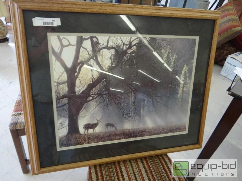 lot 341 image: LG FRAMED PRINT, SIGNED, DEER IN THE FOG, OAK...