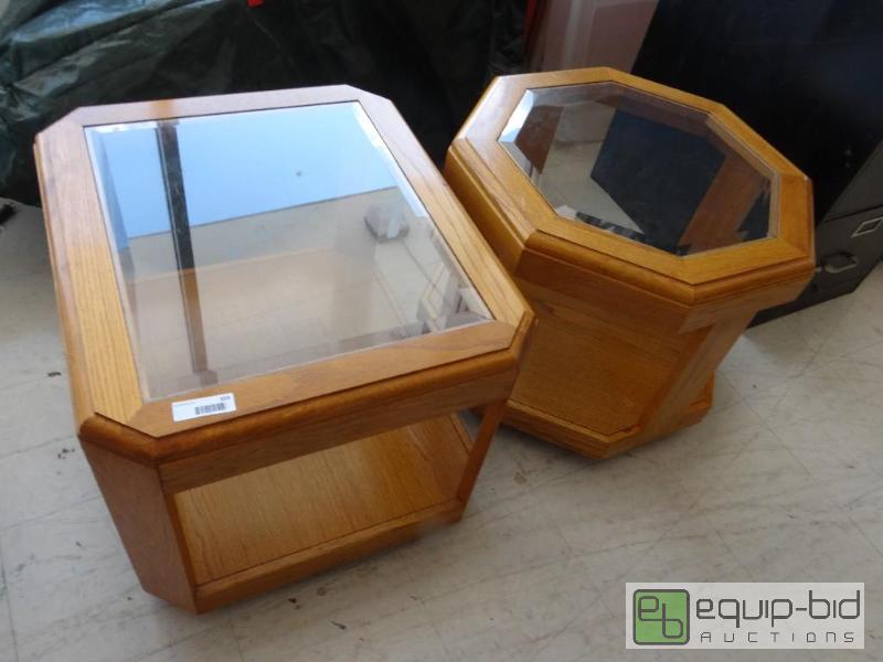 lot 353 image: 2 OAK END TABLES WITH GLASS TOPS....