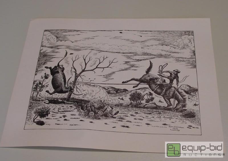 lot 4073 image: Longhorn Roped Tangled Up with Tree and Cowpoke and Horse - Glen Chrisman