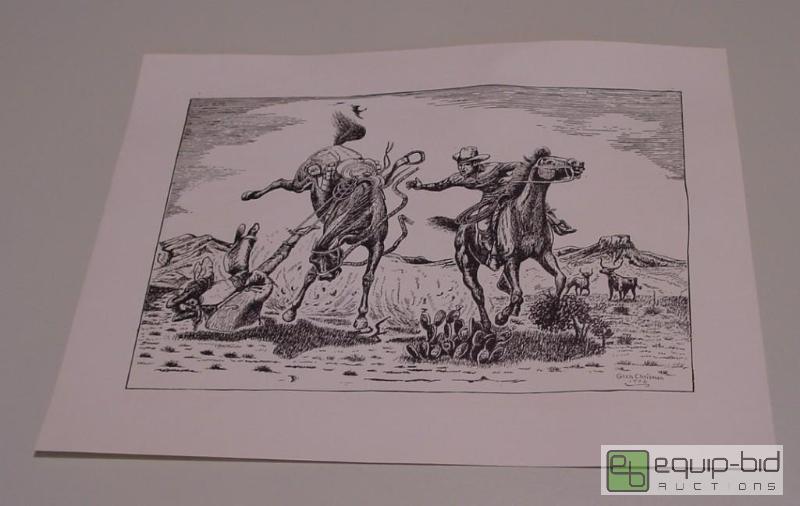 lot 4076 image: Cowboy Bucked Off and Tangled in Rope Another Cowboy Trying to Help - Glen Chrisman