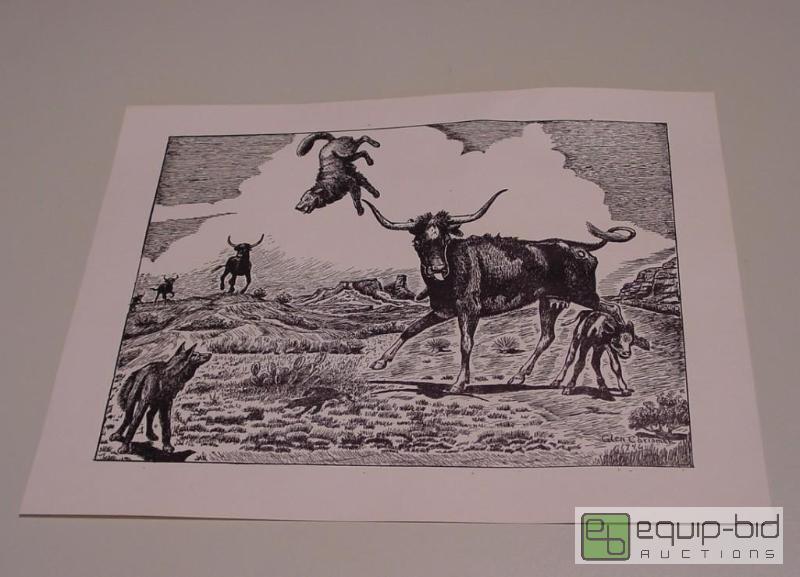 lot 4078 image: Longhorn Fighting Wolves Protecting a Calf - Glen Chrisman