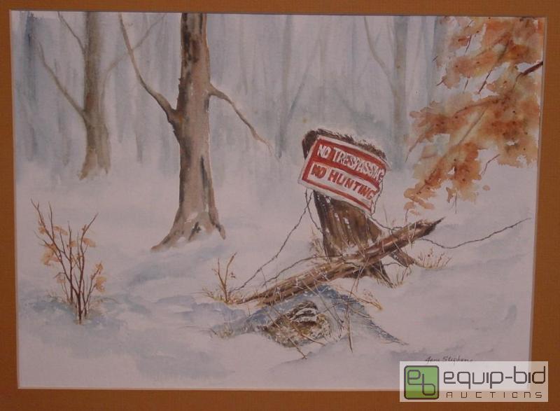 lot 4176 image: Winter No Hunting No Trespassing Sign with Quail - Jane Stephens - Watercolor