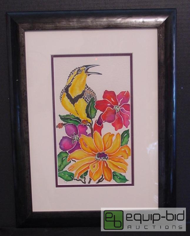 lot 4190 image: Yellowbird Floral - Janet Paduh - Watercolor - Frame