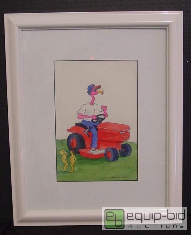 lot 4194 image: Flamingo on Riding Mower with Small nude Couple in the Corner - Howard Scott - Watercolor - Frame
