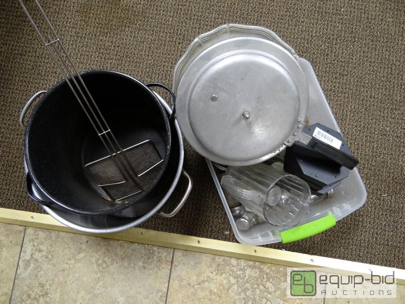 lot 1138 image: Plastic Tub Of Small wares  Includes Pots, Se...