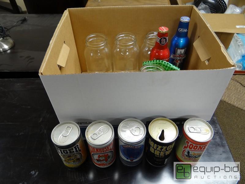 lot 1150 image: Box Of Old Beer Cans And Glass Jars...