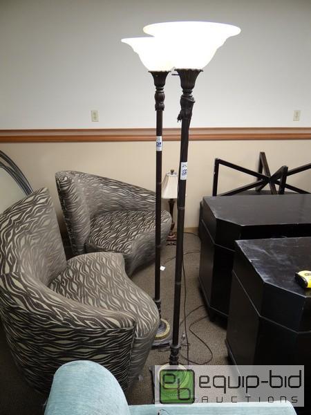lot 1154 image: (2) 6ft Tall Ornate MetalGlass Lamps   120v...