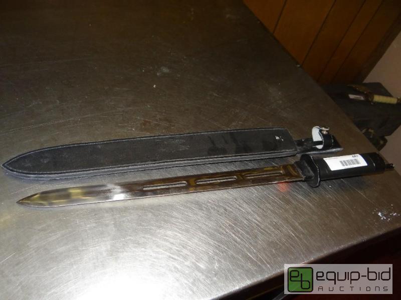 lot 447 image: Long knife with sheath.  21&quot long....