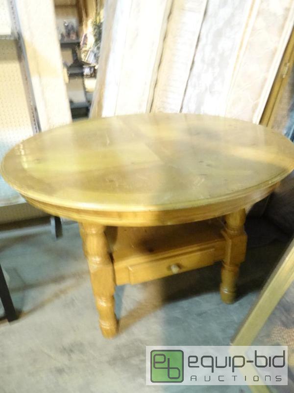 lot 1363 image: 48in Round Wooden Dinning Table with Under Shelf