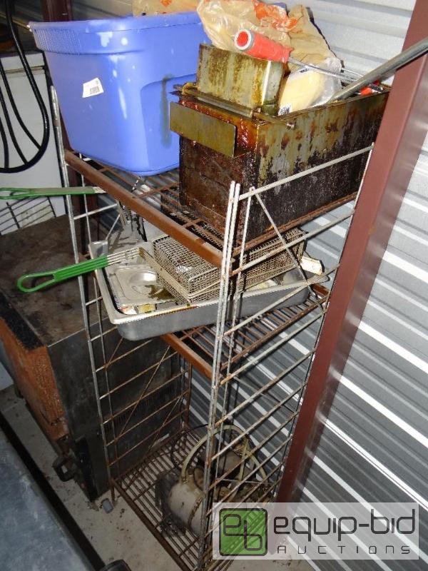 lot 195 image: Metal rack with contents.  Fry baskets, carbo...