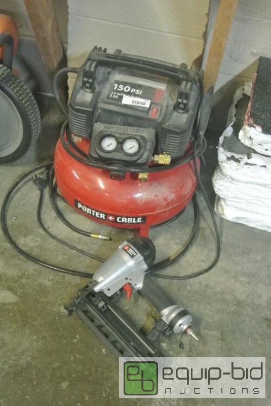 lot 571 image: Porter and Cable 6 Gallon Compressor and Nail Gun