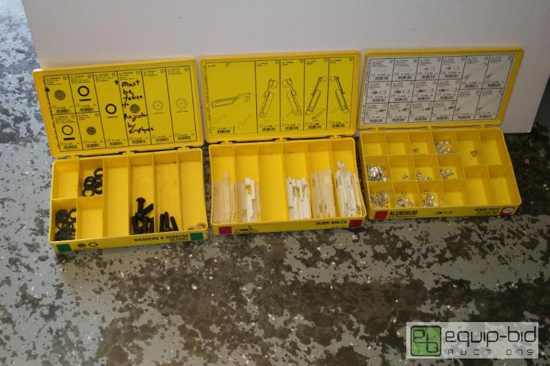lot 1494 image: 3 plastic part bins-- hardware shown is inclu...