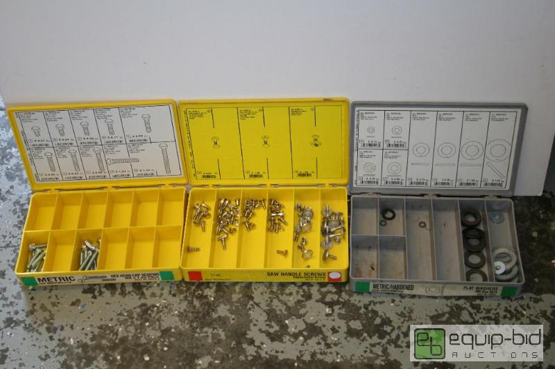 lot 1498 image: 3 plastic part bins-- hardware shown is inclu...