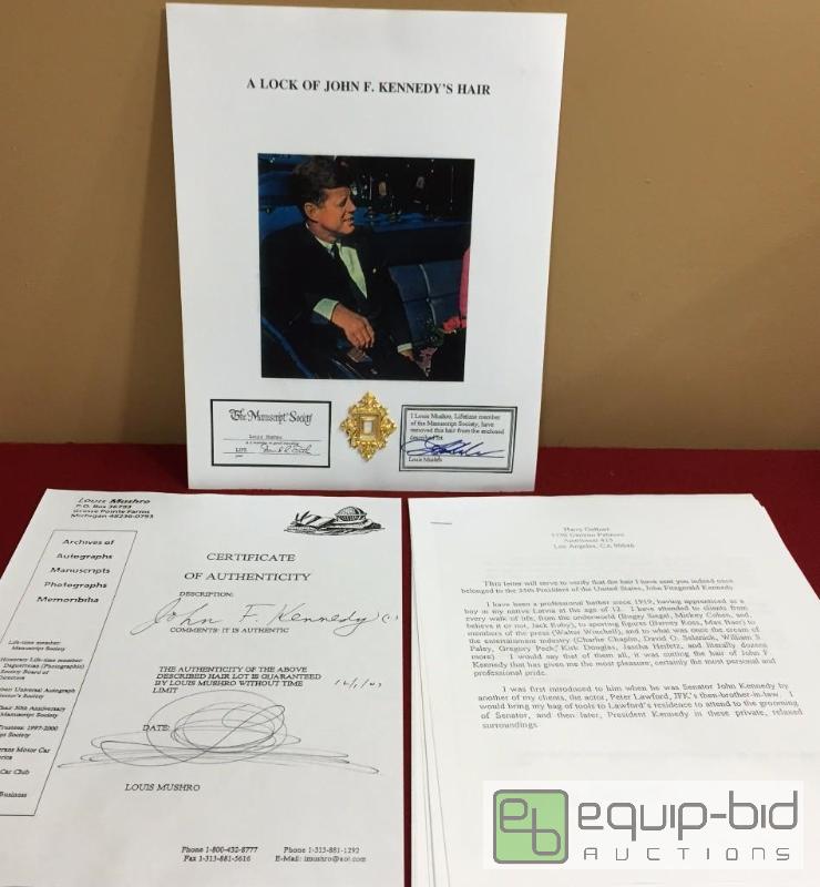 lot 1023 image: PRESIDENT JOHN F. KENNEDY AUTHENTIC CERTIFIED LOCK OF HAIR - EXTREMELY RARE CERTIFICATE AND PAPERS