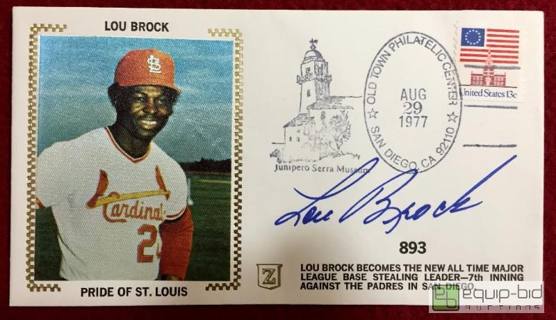 lot 1029 image: LOU BROCK AUTHENTIC AUTOGRAPHED U.S. POSTAL CACHE AUG. 29TH 1977