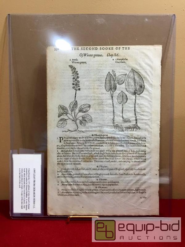 lot 1072 image: 1597 GERARDS HERBALL LEAF AUTHENTIC OVER 400 YEARS OLD - MUST SEE PICS