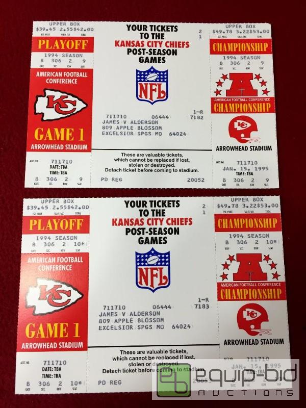 lot 1081 image: 4 KANSAS CITY CHIEFS UNUSED 1994 AFC CHAMPIONSHIP TICKETS - MINT