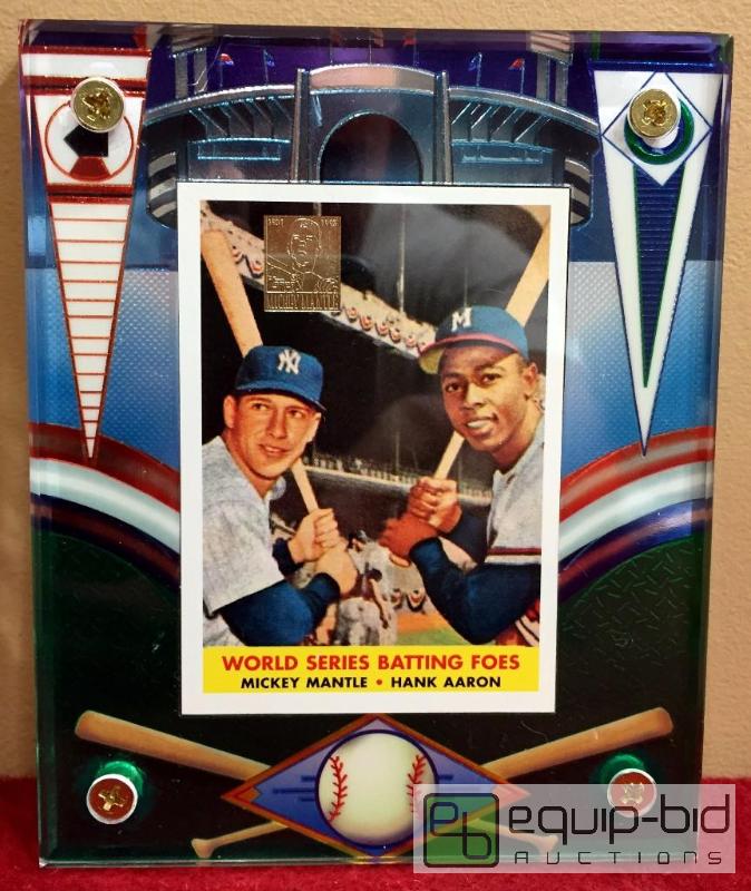 lot 1149 image: MIKEY MANTLE - HANK AARON TOPPS COMMEMORATIVE CARD IN BEAUTIFUL DISPLAY