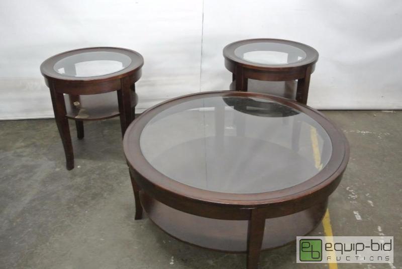 lot 2048 image: 3 Piece Modern Round End Tables and Coffee Table