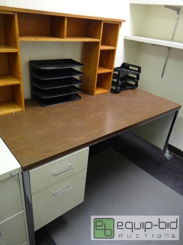 lot 131 image: Desk with metal frame and hutch top. Includes...