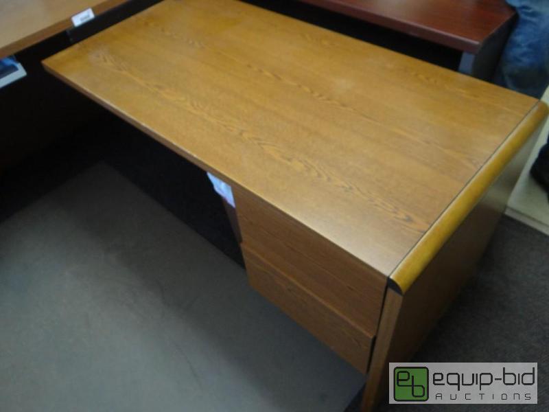 lot 132 image: L shape wood office desk with drawers.  Inclu...