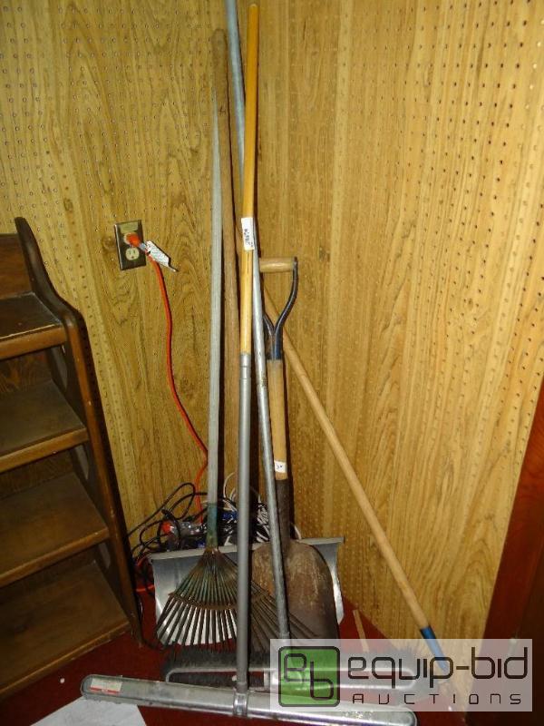 lot 400 image: 2 push brooms, rake, shovel....