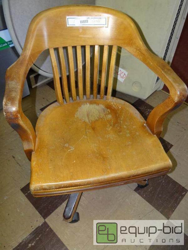 lot 428 image: Vintage solid wood teachers desk chair on whe...