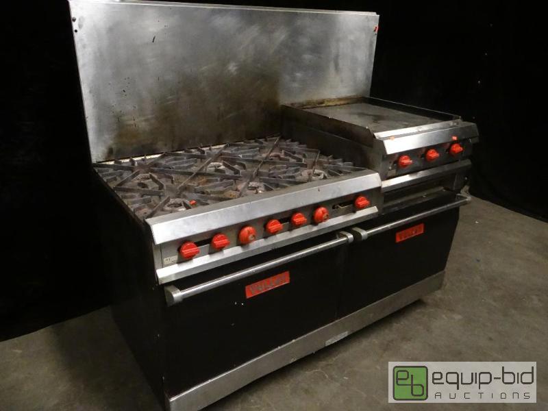 lot 7278 image: Vulcan Six Burner RangeOven and Flat-top with a Cheese Melter