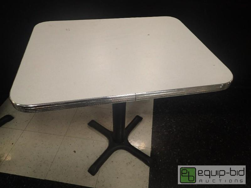 lot 2076 image: White Formica Single Top Table w Metal Base