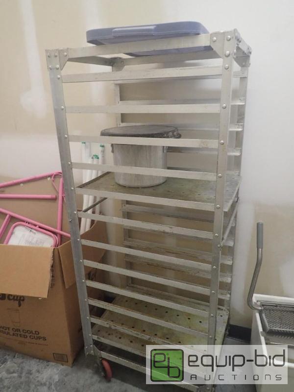 lot 2170 image: Full Size Aluminum Sheet Pan Rack On Casters