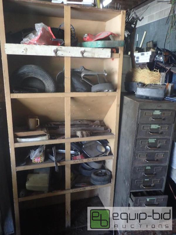 lot 767 image: Large Lot of Mirrors, Lawn Mower Blades, Tires, Medal Drawer Cabinet, Shelving and More