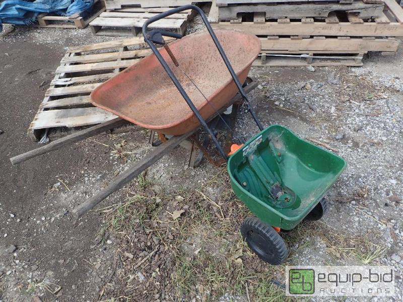 lot 77 image: Wheel Barrel w Lawn Seed Spreader
