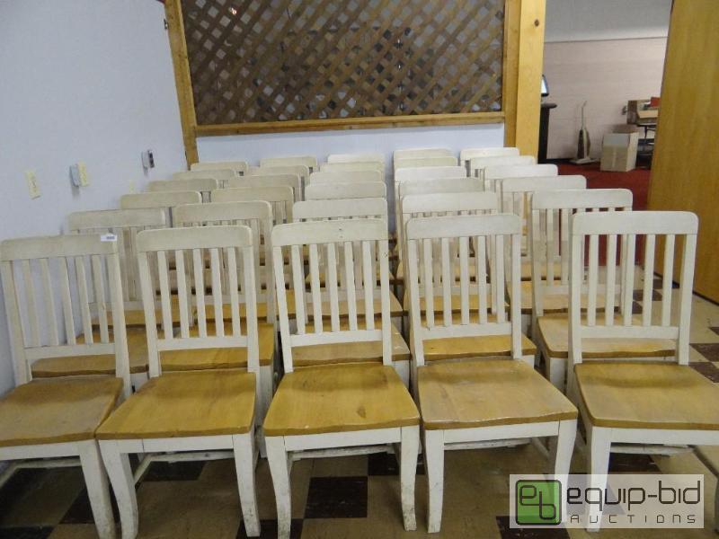 lot 126 image: Lot of 30 matching solid wood dining chairs. ...