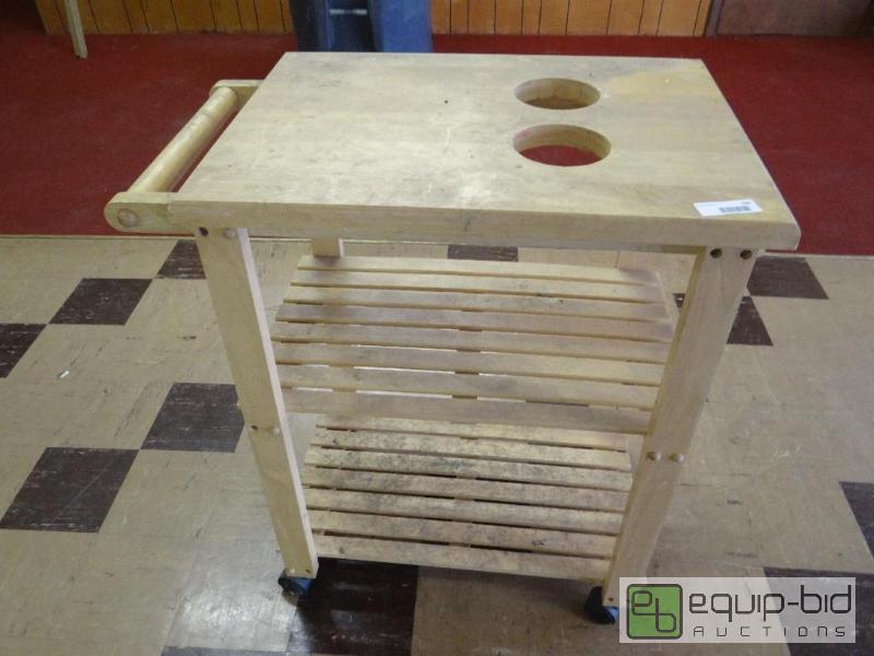 lot 136 image: Wood cart on wheels with 2 shelves....