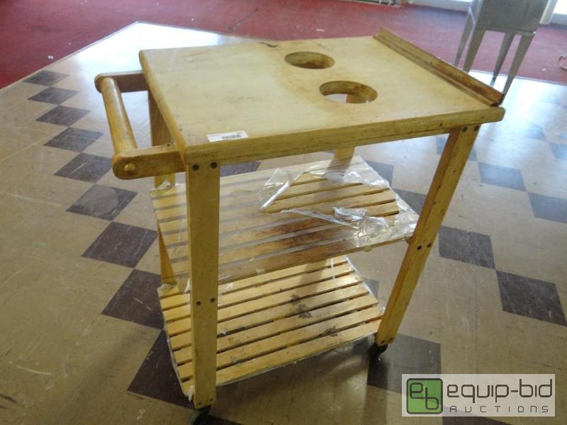 lot 137 image: Wood cart on wheels with 2 shelves....